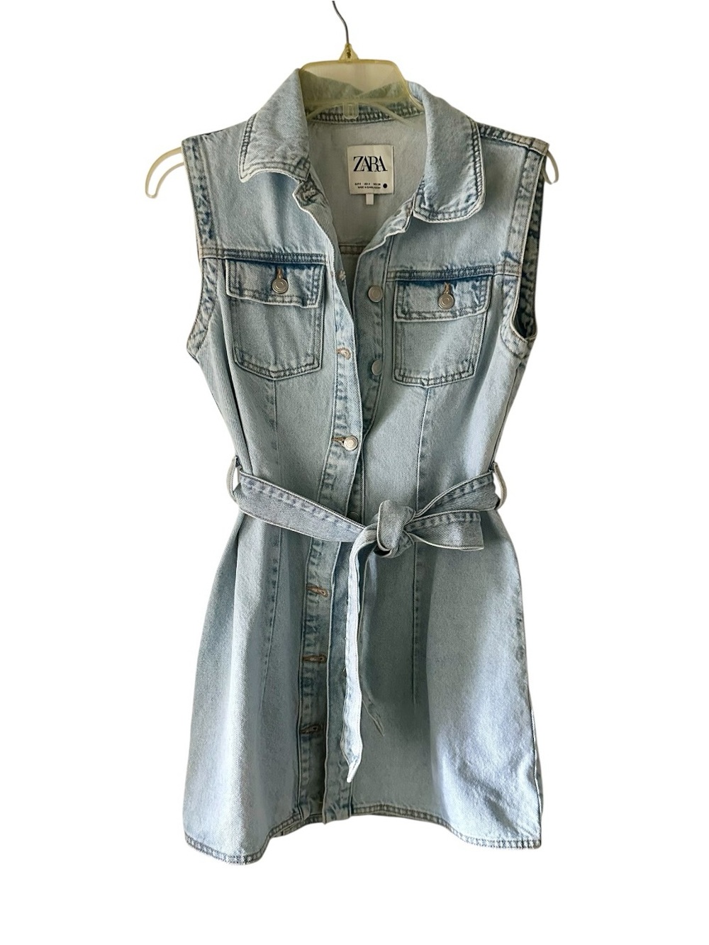 ZARA Light Wash Denim Sleeveless Shirt Dress with Belt